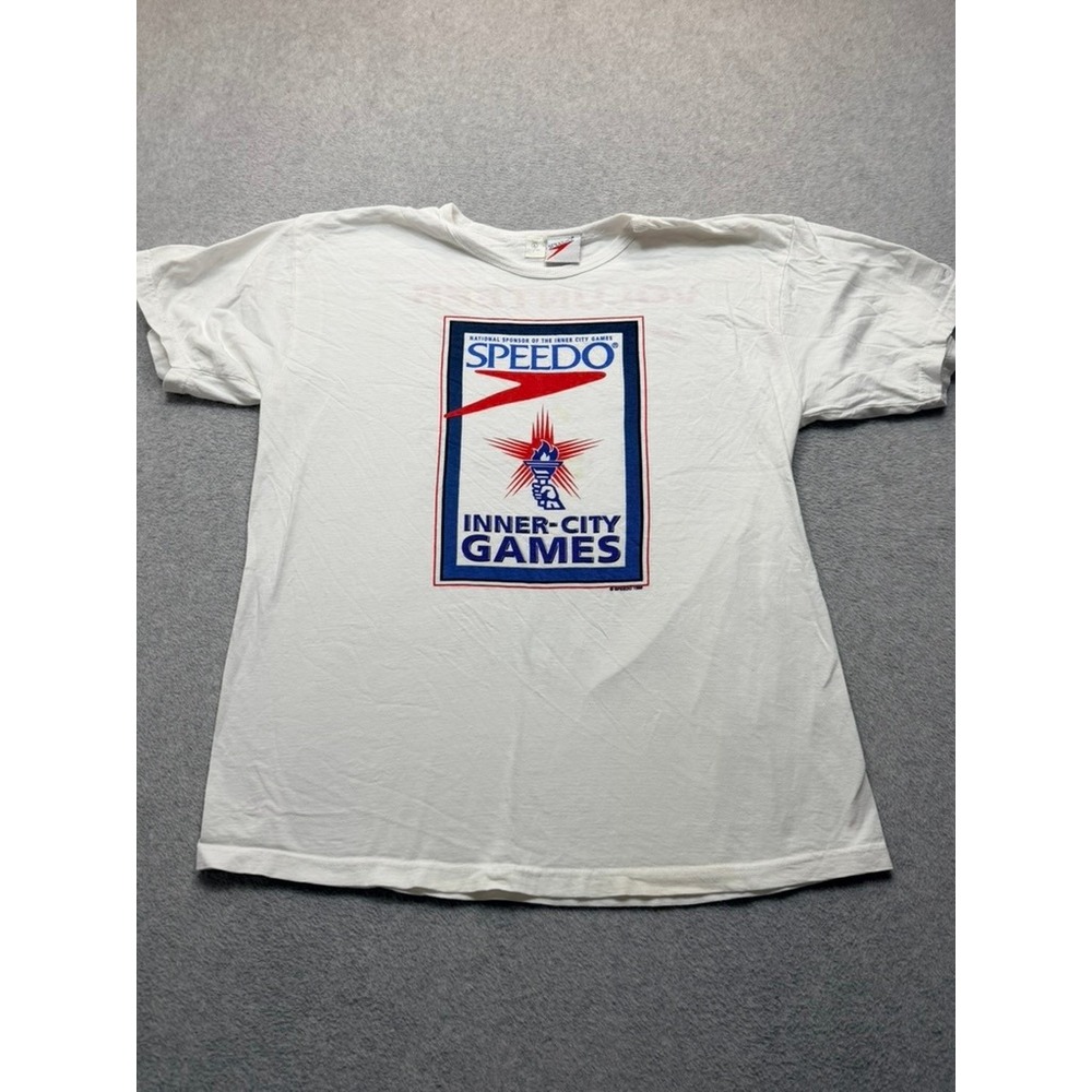 Vintage 1996 Speedo Inner-City Games Graphic T-Shirt White Mens Large 90s Tee